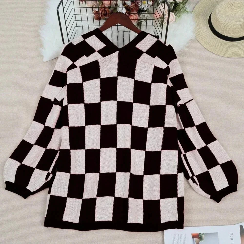 Black Casual Women's Plus Size Plaid Round Neck Long Sleeve Knit Cardigan - Picture 3 of 4